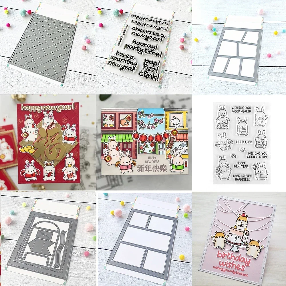 Neujahrs-Cheers-Stanzformen und Stempel, Basic/Wonky Comic Cover Snail Mail, gesteppte Stanzform für DIY Scrapbooking, Karten, Basteln