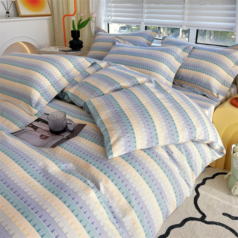 100% Raw Cotton Printed Bedding Sets Skin Friendly Comfort Stripe Comforter Cover Set Single Double Bedclothes for Autumn Winter
