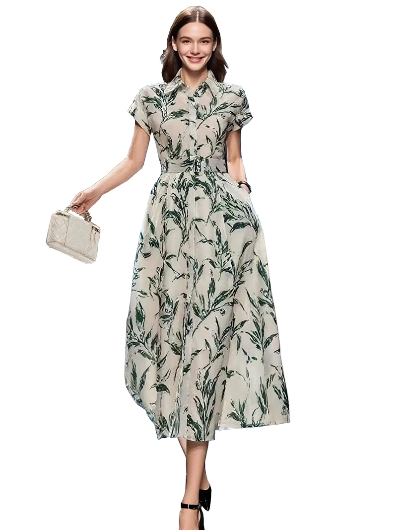 

Elegant Women Floral Print Dress With Belt Short Sleeve Summer Midi Dresses