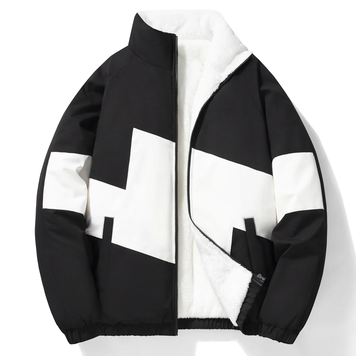 2025 mann Jacke Winter Verdicken Fleece Kontrast Farbe Stehkragen Männer Unten Mantel Mode Lange Sleeve Zipper Männliche Oberbekleidung