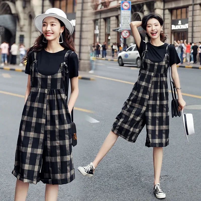 

Plaid Fashion Jumpsuit 2PCS Summer Thin Korean Loose Strap Pants Casual High Waist Lattice Overalls Women Wide-leg Rompers Set