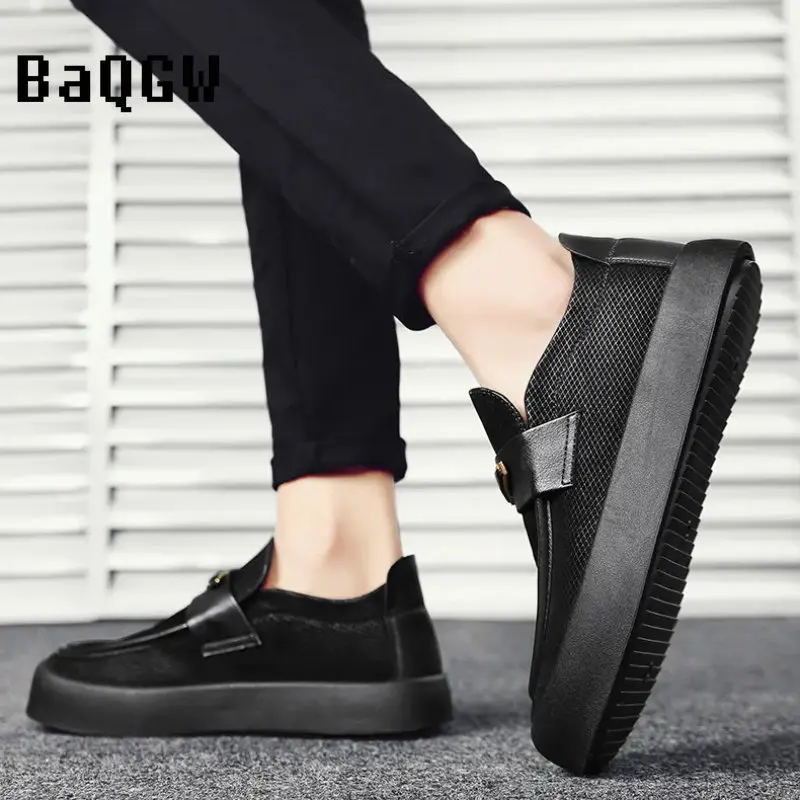 Fashion Versatile Mens Leather Casual Shoes Waterproof Platform Shoes Comfortable Loafers Office Outdoor Walking Skate Shoes