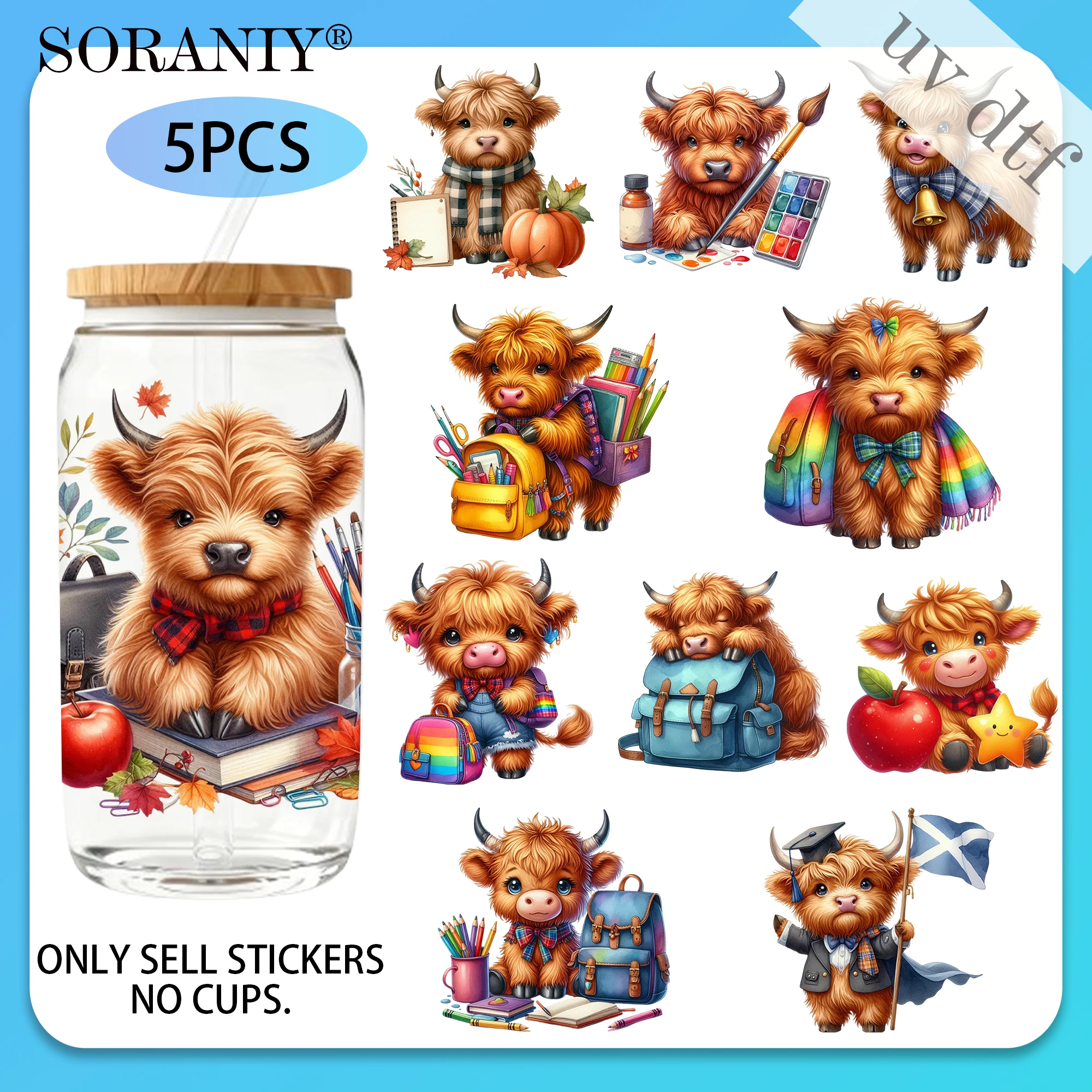 UV DTF 16OZ DIY-Transferaufkleber – 5 Stück/Set „Back To School Highland Cow Camping Life Theme“