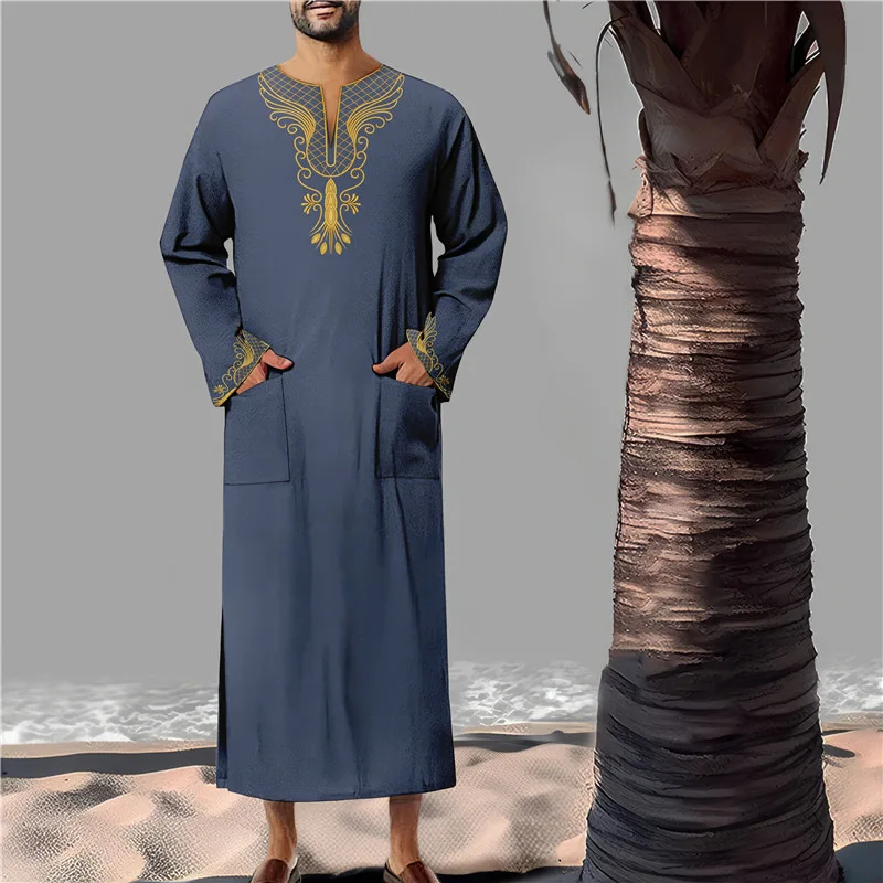 New Muslim Men's Long Sleeved Robe With Arabic Embroidery V-neck Design Loose And Breathable Color Blocked Robe