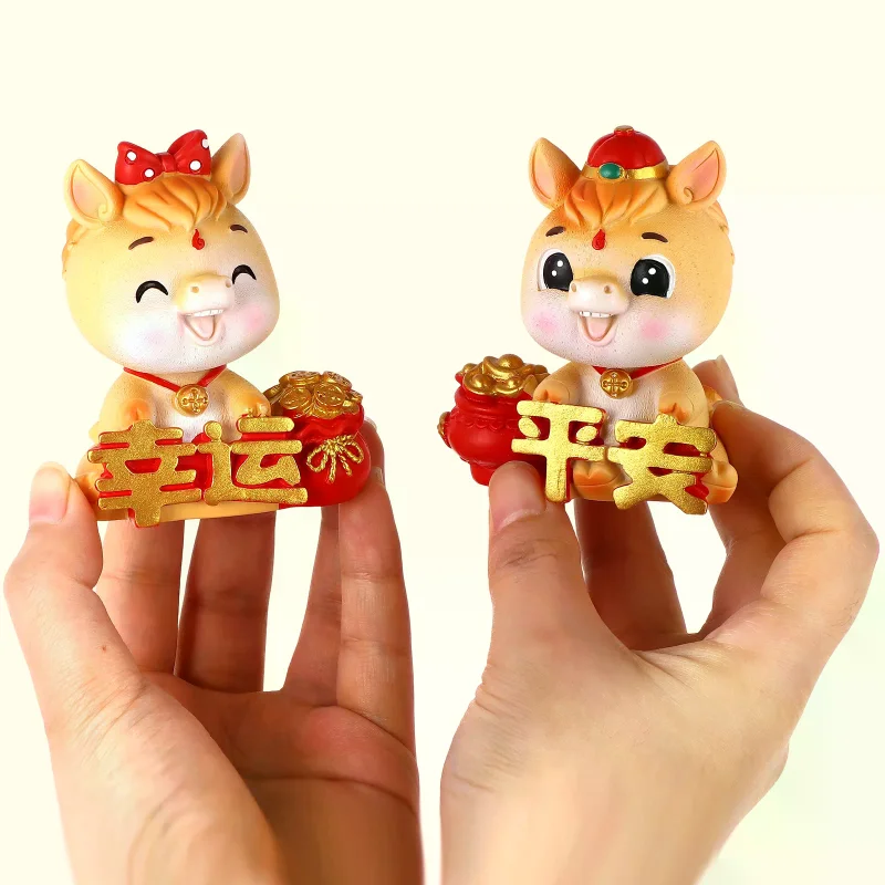 2026 Horse Miniature Figurines:2pcs Cartoon Hor-se Statue With The Words Xing Yun And Ping An Resin Horse Sculpture Moving Head