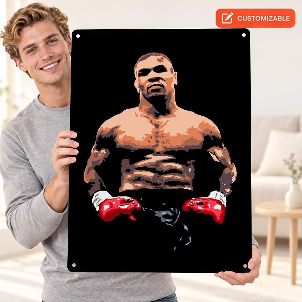 Mike Tyson Boxer Textured Metal Poster Personalized Aluminum Sign Red Boxing Gloves Illustration Wall Art For Fitness Studio