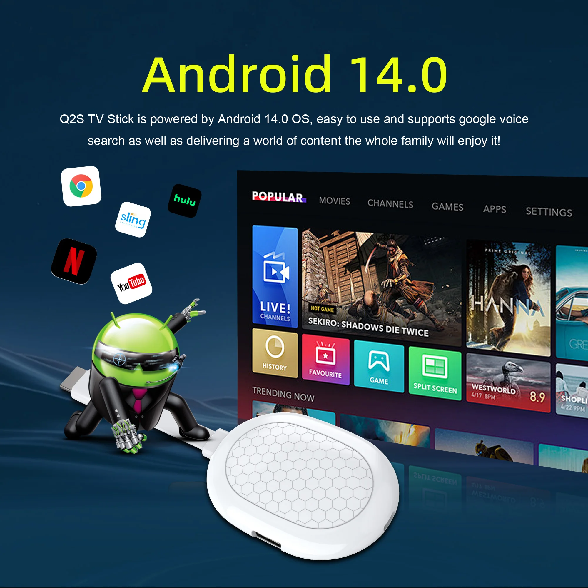 عصا تلفزيون Mortal Q2S تعمل بنظام Android 14 مع خاصية التحكم الصوتي وWiFi6 وبث تلفزيوني مباشر مجاني وعصا تلفزيون 4K HDR Allwinner H313 وNetflix وYouTube