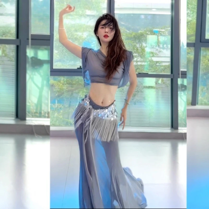 Bellydance 의상 연습 복장 3 피스 탑 스커트 술 엉덩이 스카프 세트에 대한 맞춤형 하이 엔드 플러스 사이즈 성능 세트