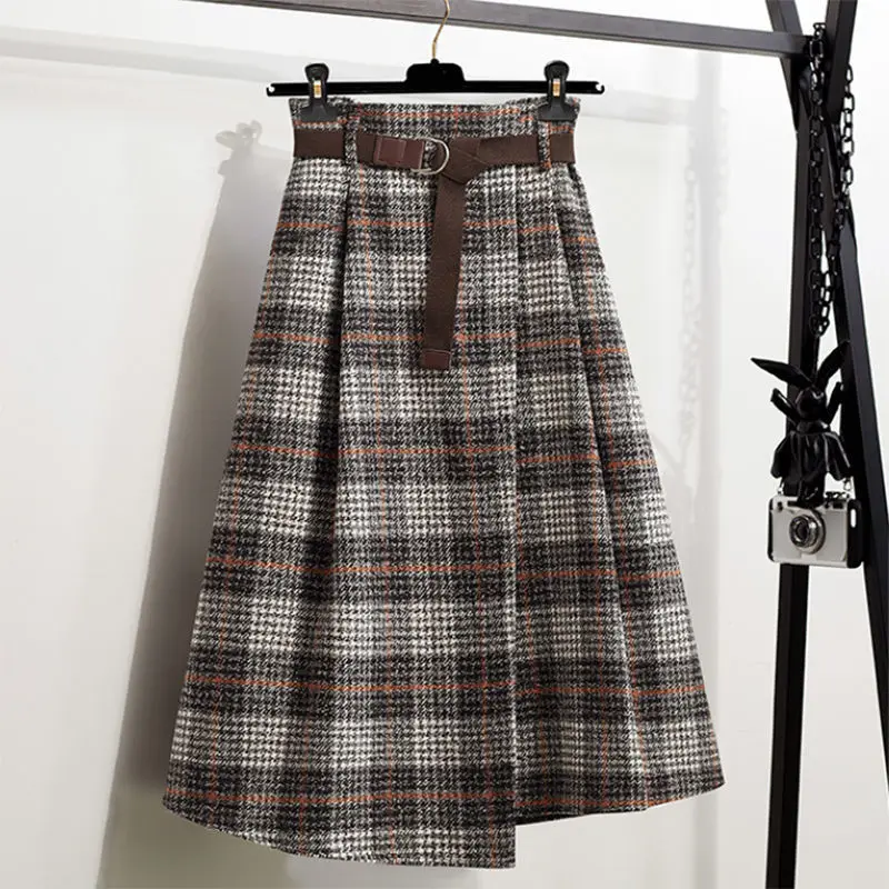 Autumn Winter Maxi Plaid Long Skirt Women High Waist Lace Up A-Line Woolen Skirts Elegant Long Faldas Mujer