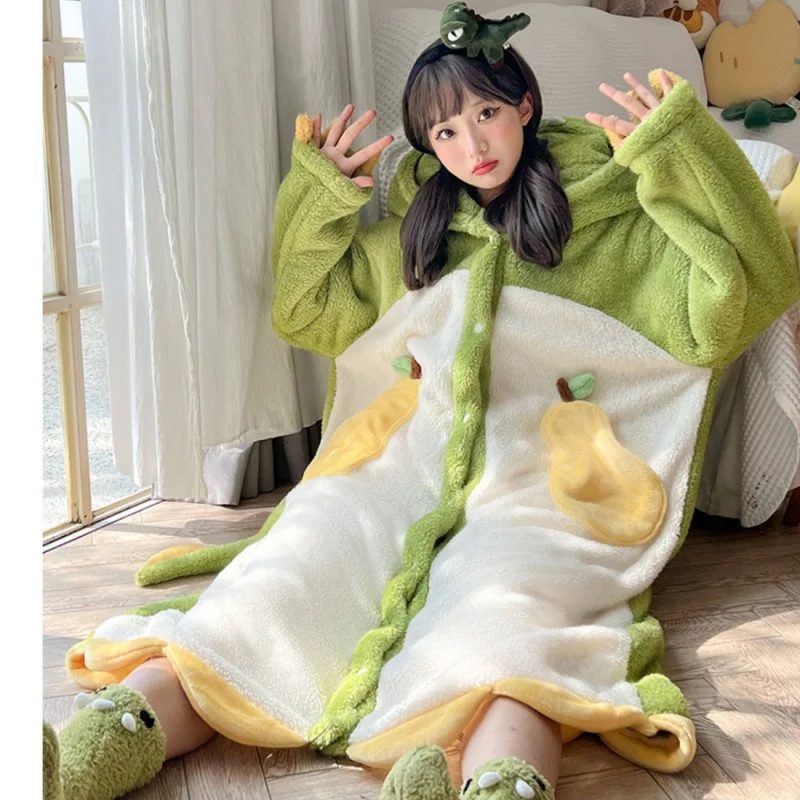 Cute Dinosaur Nightdress Warm Robes Women Plush Fleece Bathrobes Sleepwear Winter Long Sleeve Cartoon Hooded Nightgown Pajamas