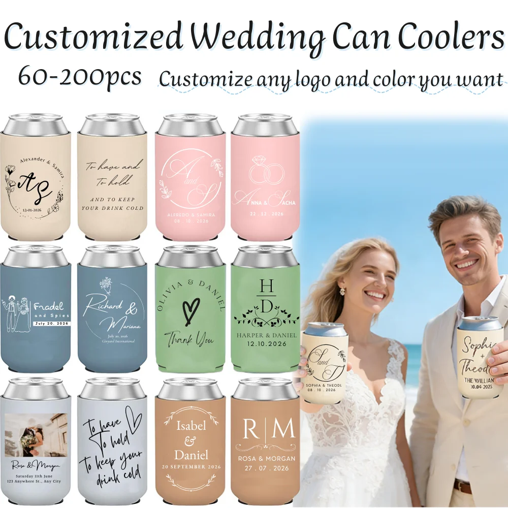 

60-200Pcs Personalized Can Cooler Sleeves for Wedding Custom Koozies Bachelorette Party Wedding Favors for Guests with Logo Text