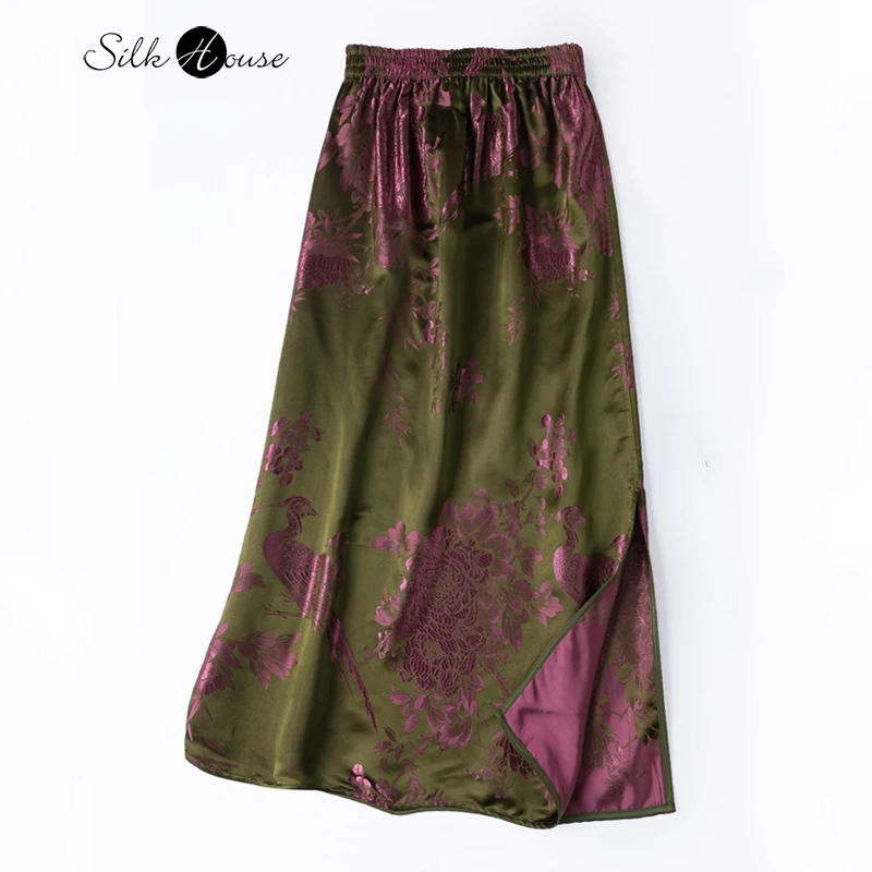 

2025 Women's Fashion Autumn New 35% Natural Mulberry Silk National Style Satin Glossy Elastic Waist Print Fork Bucket Skirt