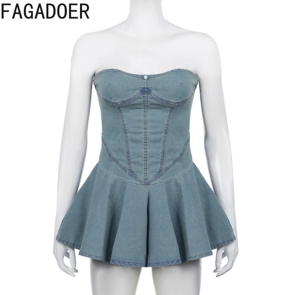 FAGADOER Y2K Denim Fashion Tube Ruched Mini Dresses Women Sleeveless Backless Ruffle Vestidos Female Bodycon Cowboy Streetwear