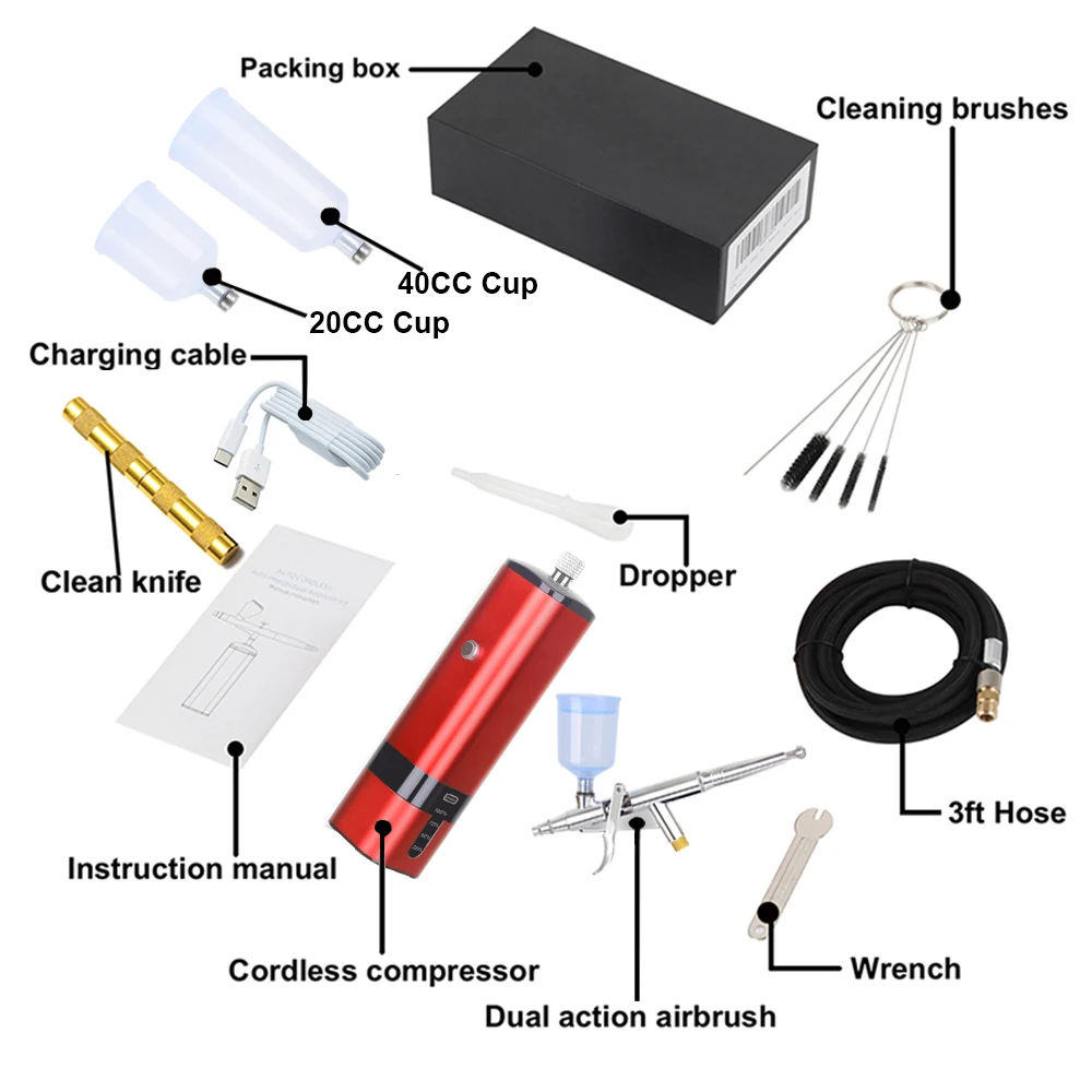 휴대용 무선 에어브러시 키트, 메이크업, 네일 아트, 문신, 케이크용 듀얼 액션 에어브러시 건