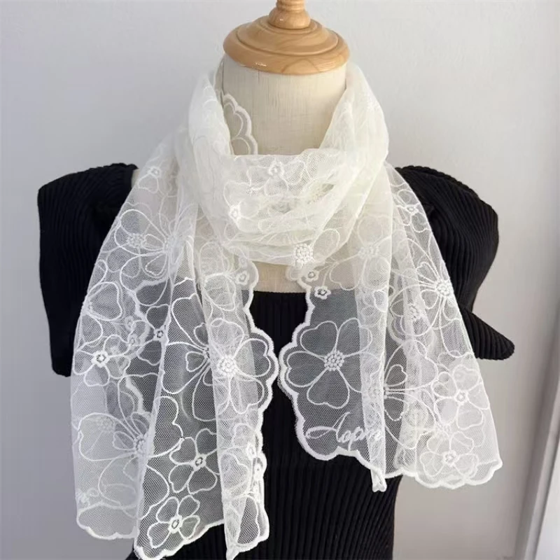 ربيع صيف جديد الدانتيل كشكش وشاح حريري المرأة مستطيلة أسود اللون وأبيض اللون رقيقة تنوعا وشاح الزخرفية