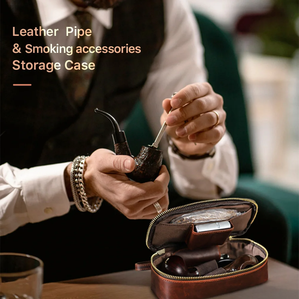 CONTACTS FAMILY Genuine Leather Tobacco Smoking Pipe Bag for 2 pipes Portable Herb Smoke Pipe Case Smoking Accessories Kit Tools