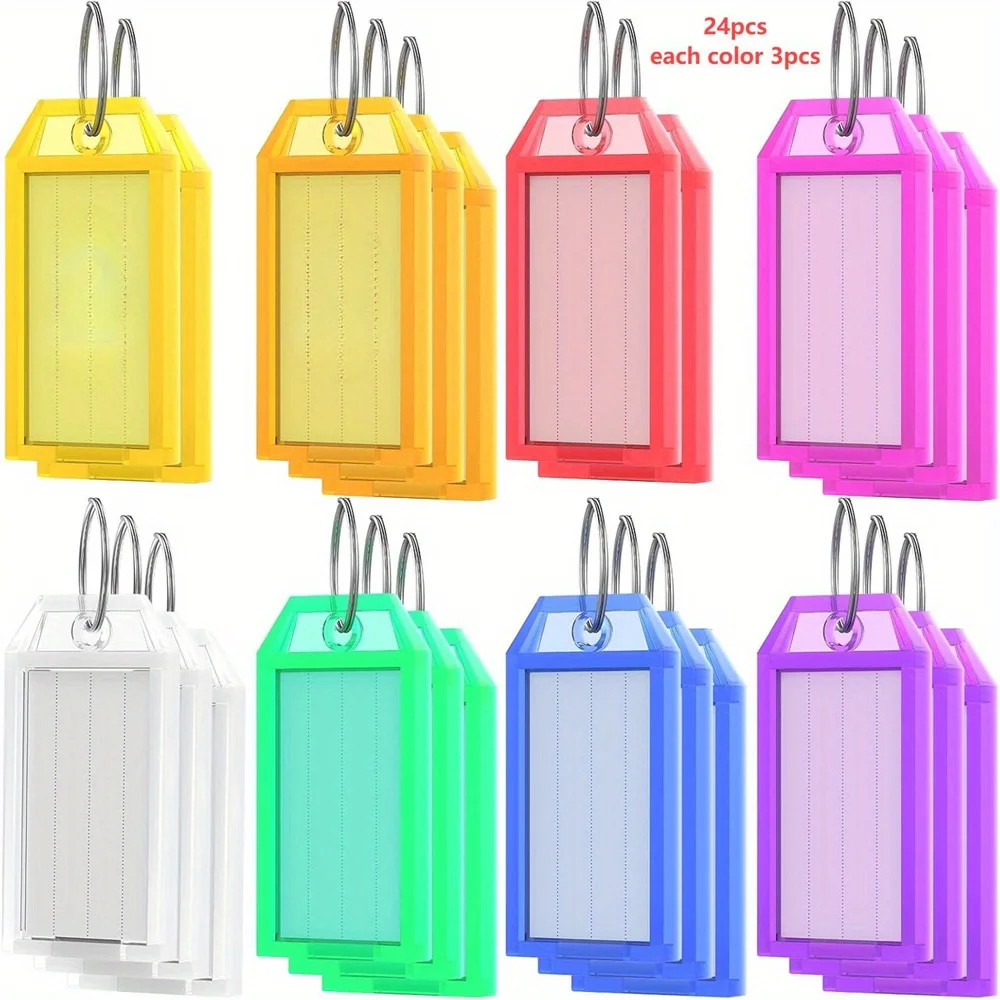 24pcs/pack Plastic Key Tags with Label, Key Labels with Split Ring and Label Window, Key Chain Identifiers Markers Tags 8 Colors