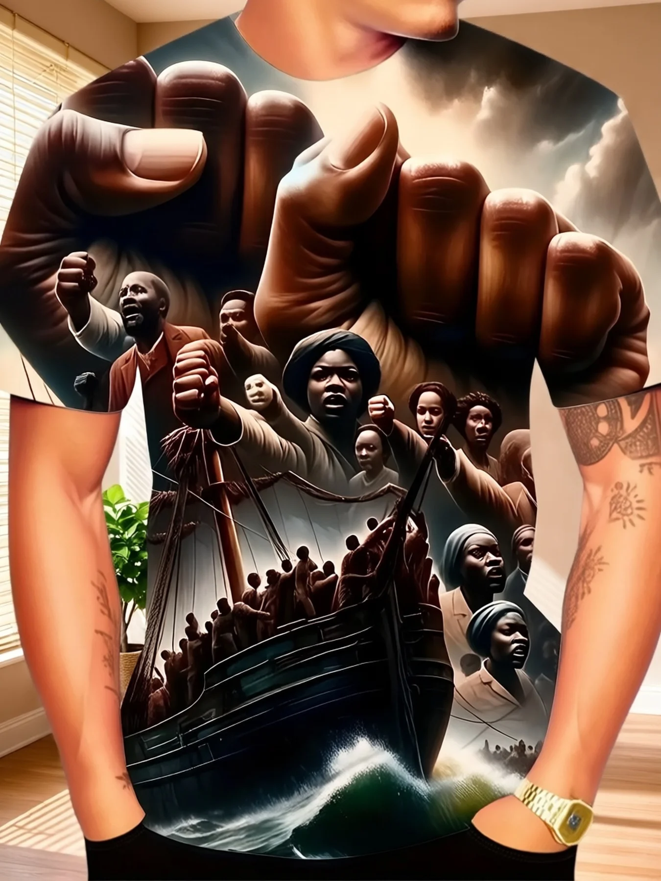 Men's Crew Neck Short Sleeve T Shirt 3D Black History Fist Slave Ship Freedom Figure Print Human Rights Casual Tops