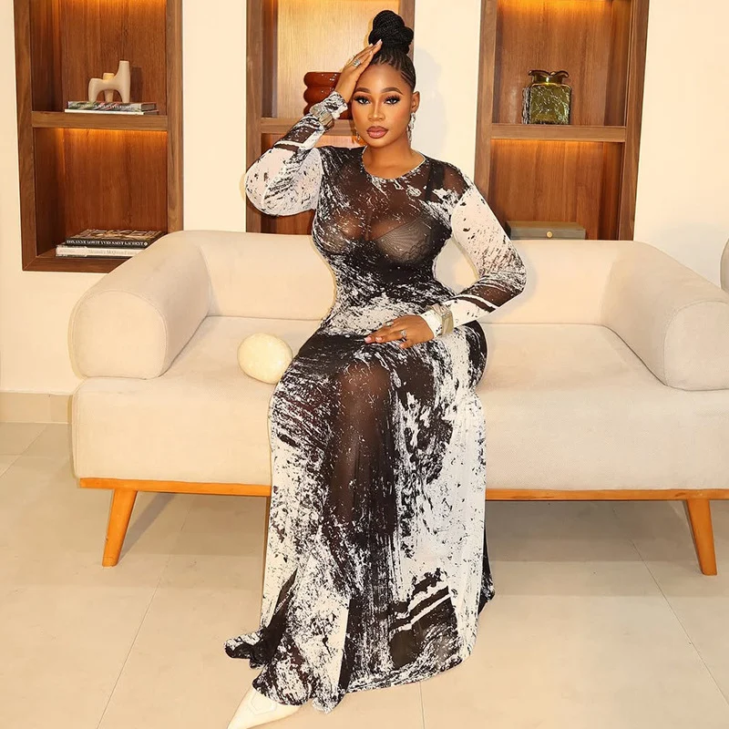 ชุดเดรสยาวรัดรูปพิมพ์ลายเซ็กซี่ ผ้าซีทรู สำหรับผู้หญิง ทรงเข้ารูป ยืดหยุ่น เหมาะสำหรับงานปาร์ตี้กลางคืน แขนยาว คอทรงโอ ชุดเดรสวันเกิด