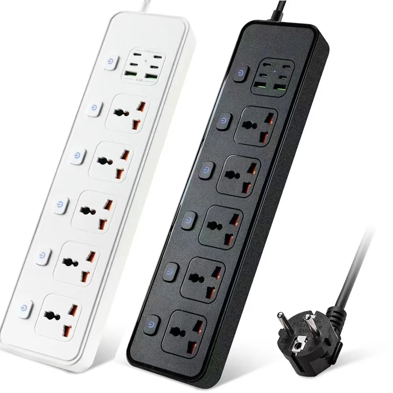 EU US UK AU Plug 1.8m Extension Cord Universal Socket 5 AC Outlets Power Strip With 2 USB-A + 4 USB-C Charging Ports Socket