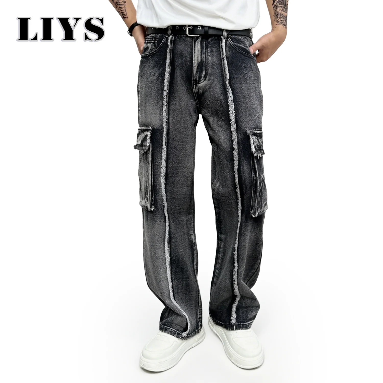 

New American High Street Heavy-Duty Washed Loose Jeans Vintage Worn-Out Multi-Pocket Denim Pants Man Designer INS Splicing Jeans