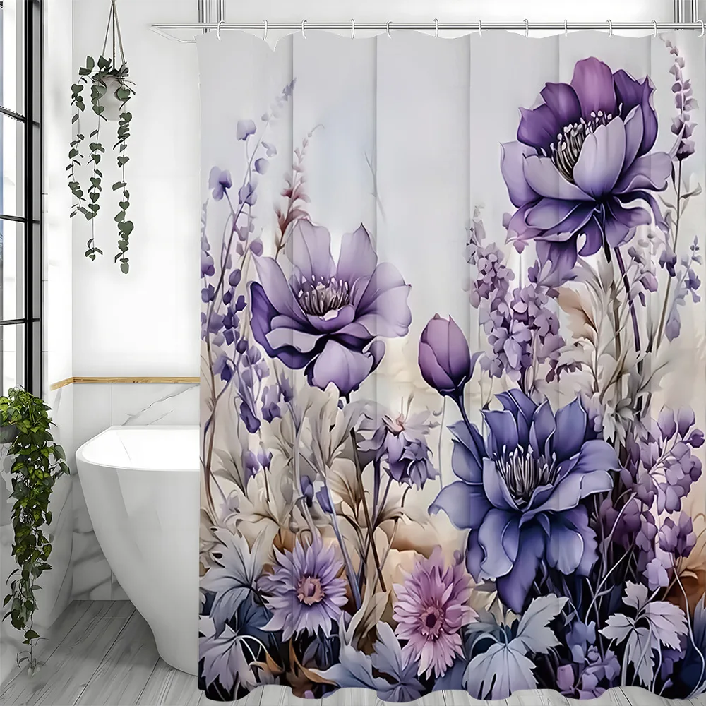 Purple blooming flowers Shower Curtain Washable Dirt-Resistant Shower Head waterproof Polyester Bath Curtain For Home Decor