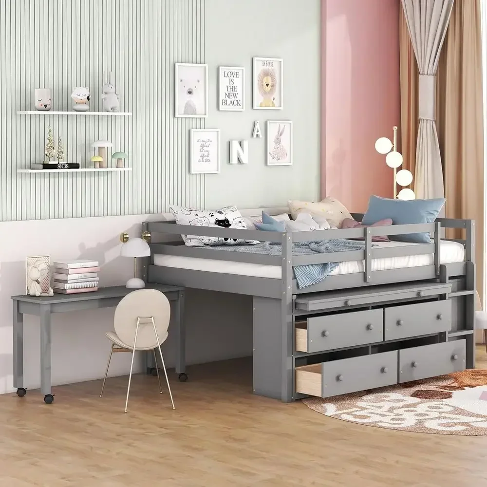 Full Size Wooden Loft Bed with Desk and Drawers, Storage Shelves, Space-Saving, Gray
