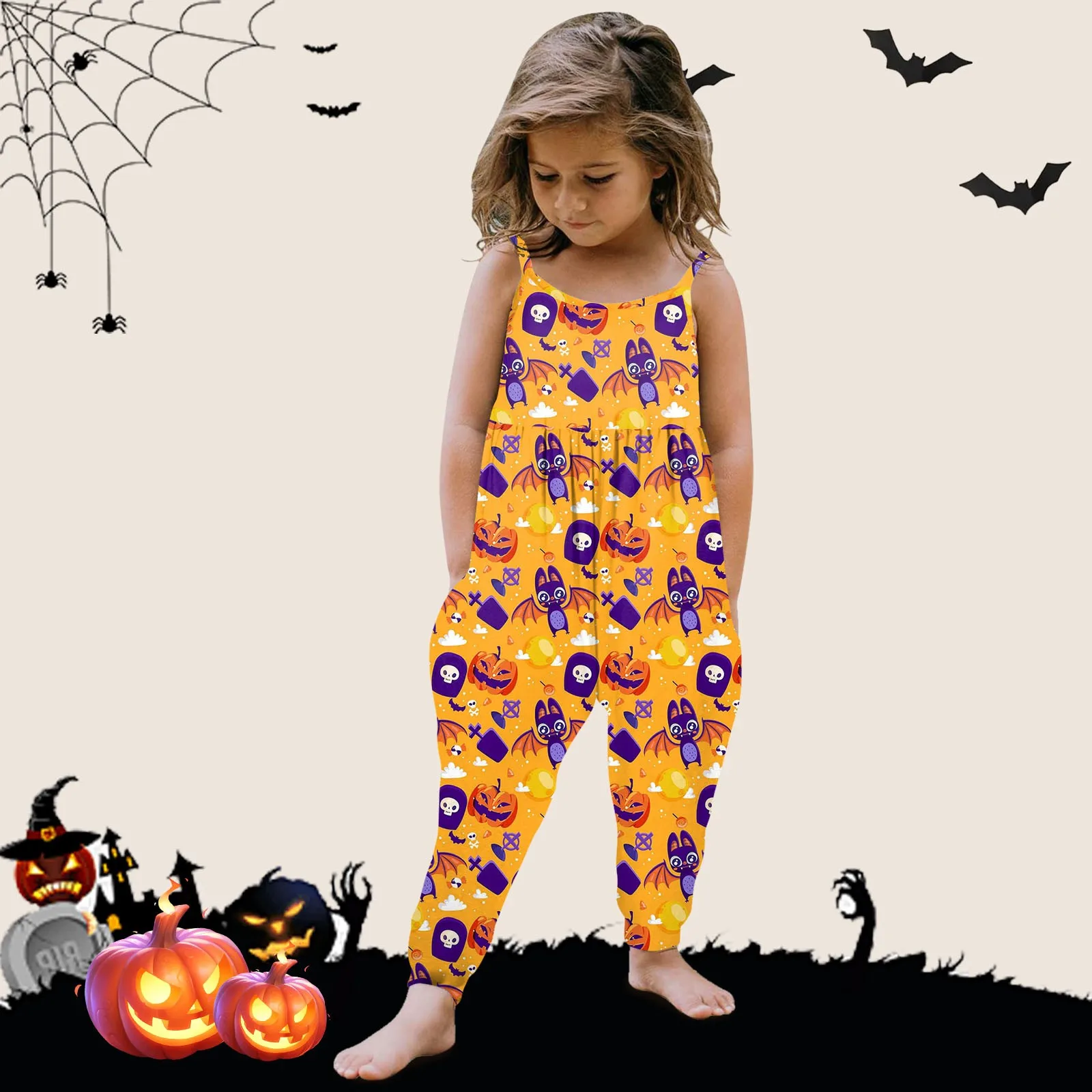 Mono con estampado de Halloween para niña pequeña, pelele sin mangas, pantalones, ropa de verano, Pelele de flores