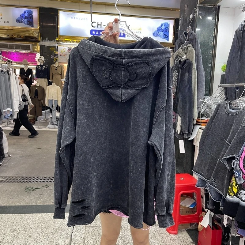 2025 Autumn New Heavy Patchwork Glasses Cartoon Sweatshirt Coat Women's Loose Slimming Versatile Age-Reducing Pullover Sudaderas