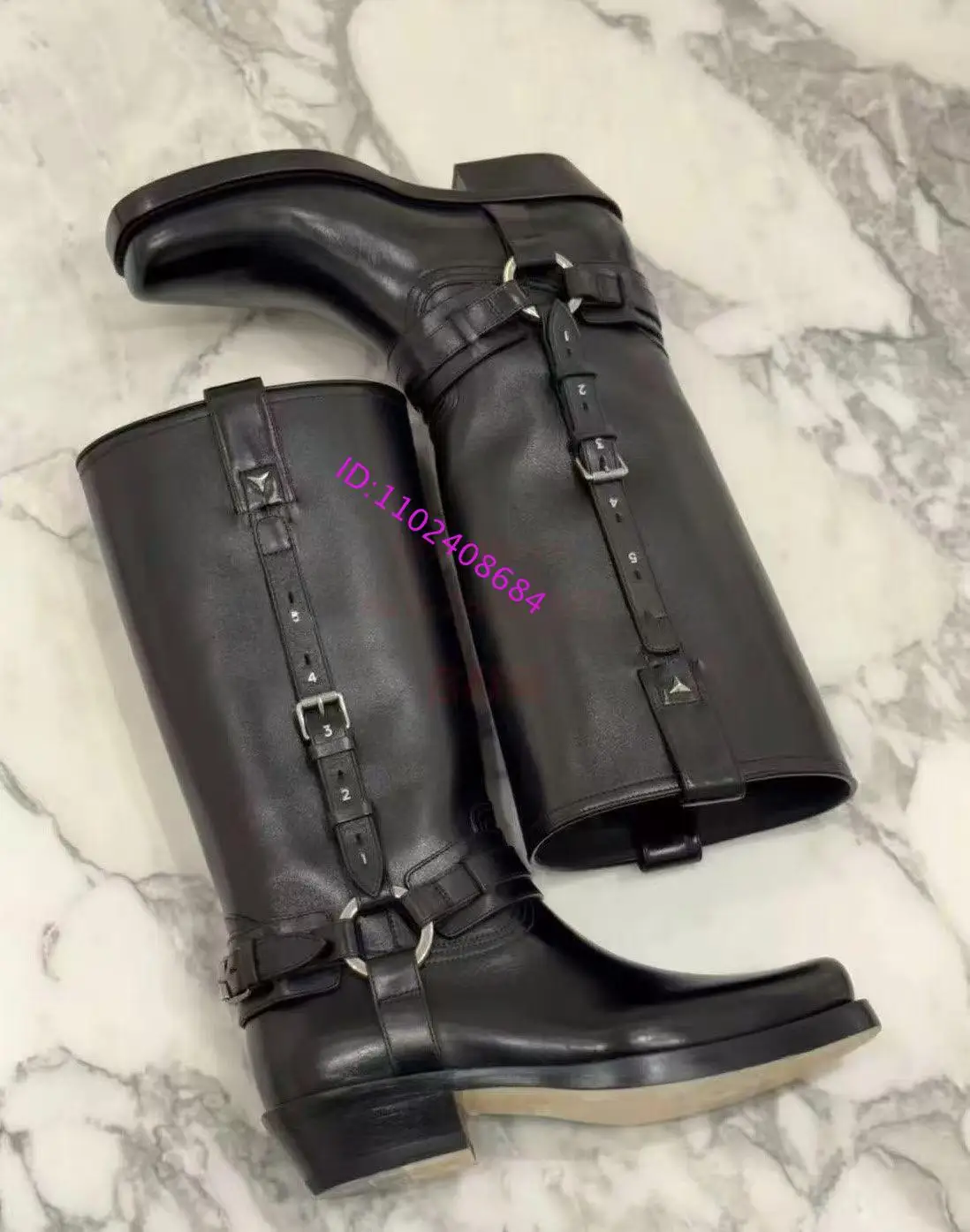 Design Women Black Leather Western High Boots Knight Boots Chunky Low Heel Knee Long Knight Boots