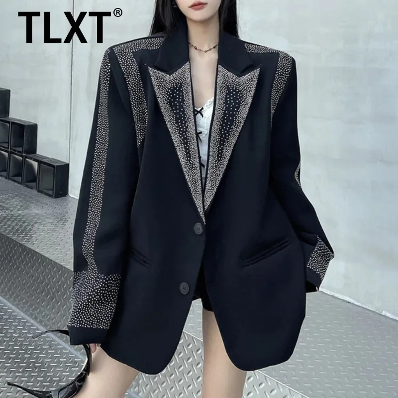 

TLXT женский высококачественный блейзер с горячими бриллиантами, новинка весны 2024, однобортное пальто с длинными рукавами и зубцами, цветное пальто XK1029