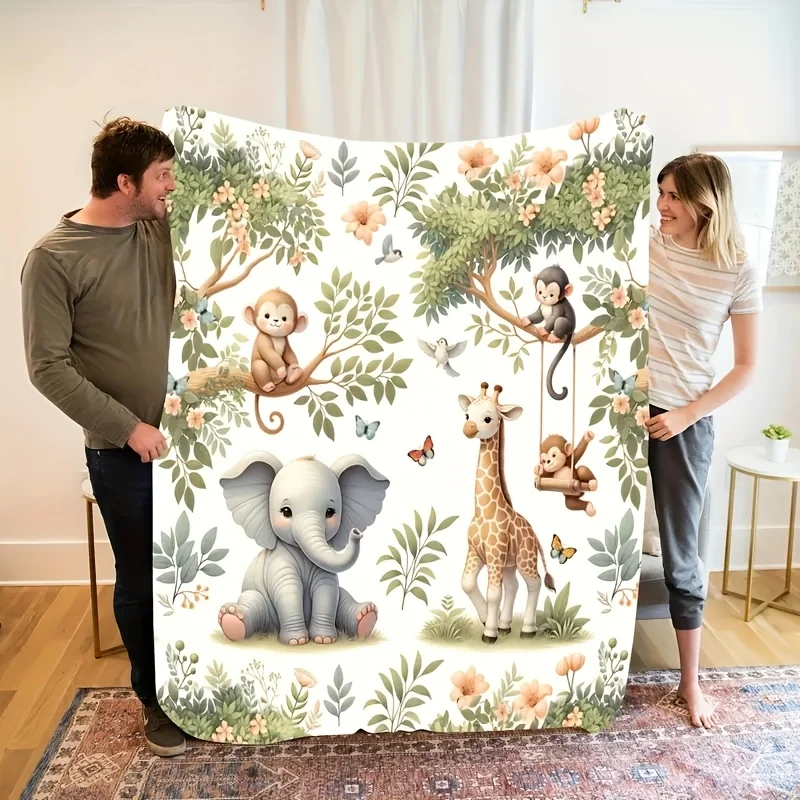1pc Gray Digital Print Prairie Animal Flannel Blanket with Leaf, Elephant, Giraffe, and Monkey Elements, Autumn Cold-Proof TV Bl