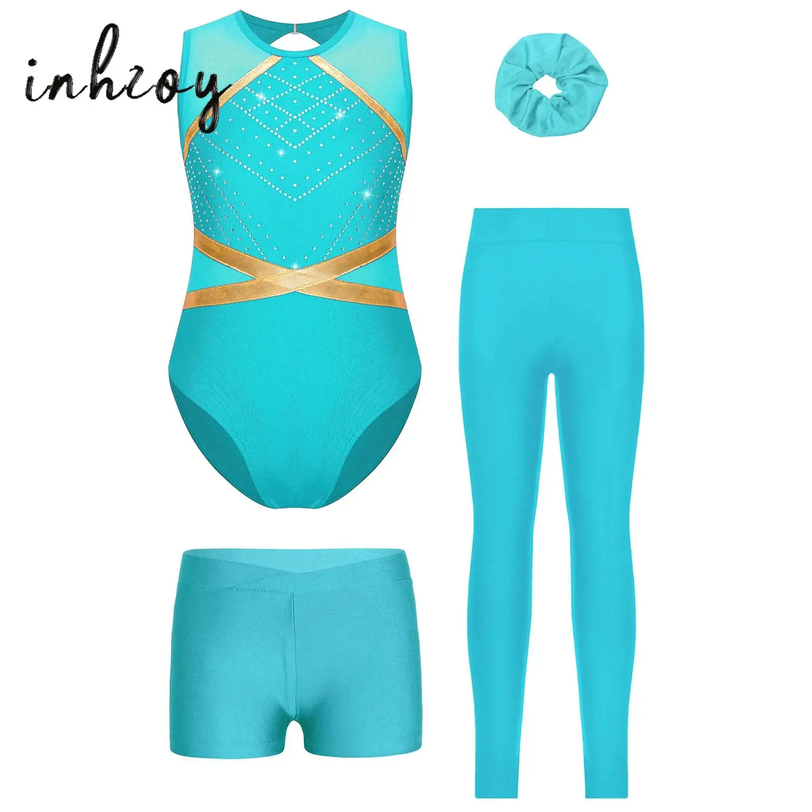 

Kids Girls Gymnastics Figure Skating Dance Costume Sleeveless Glittery Rhinestones Leotard+Shorts Leggings+Headwear 4Pcs/Set