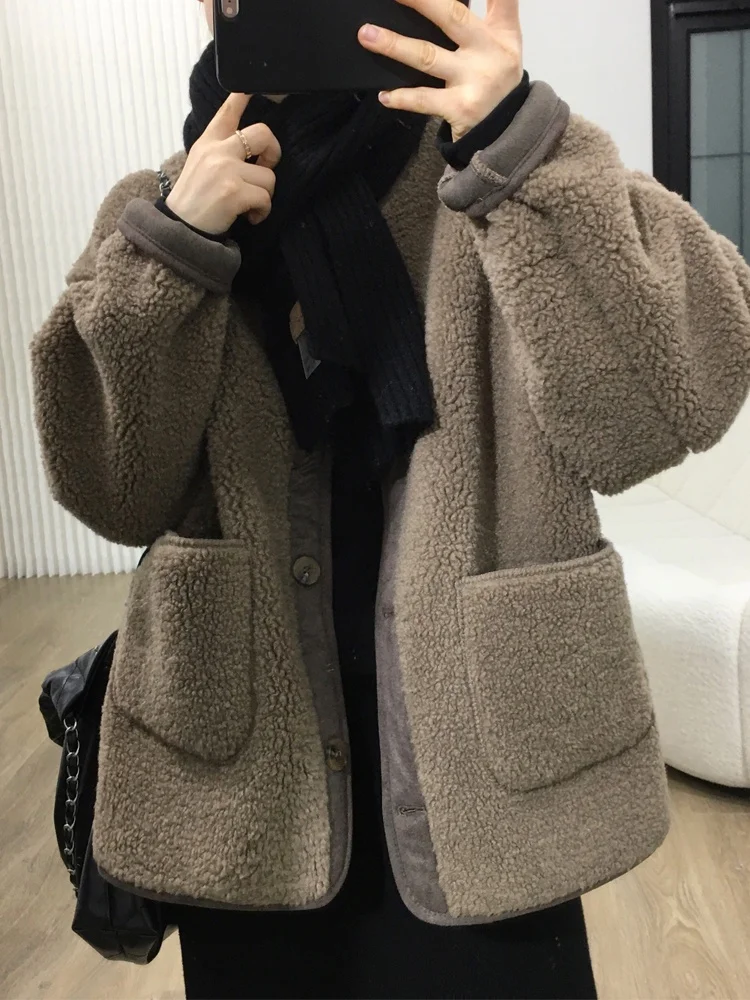 Chaqueta de lana de cordero para mujer con bolsillos de piel tejida simulada de dos piezas danza elegante hasta la rodilla bailarina Ballet Tops elásticos coloridos