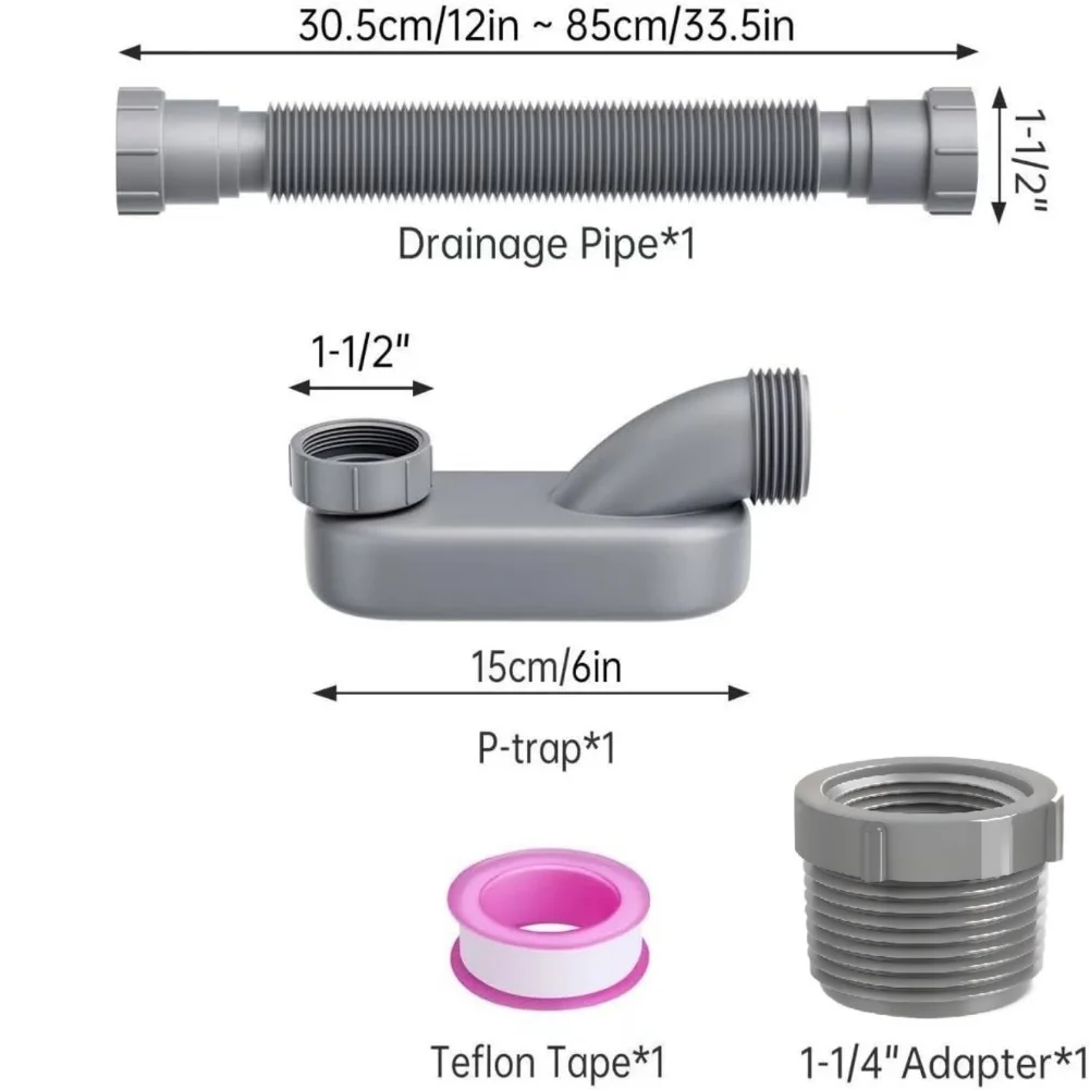Low Profile Flexible Drainage Pipe Kit Flat P Trap For Standalone Bathtubs Adjustable 12-33.5 Inch Space Saving Shower Drain