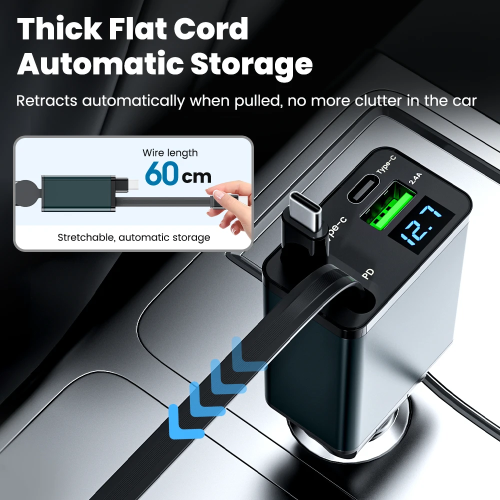 شاحن سيارة 4 في 1 مع كابل مزدوج من النوع C قابل للسحب، شاحن سيارة USB من النوع C، محول شاحن هاتف السيارة لهاتف آيفون وسامسونج وشاومي #3