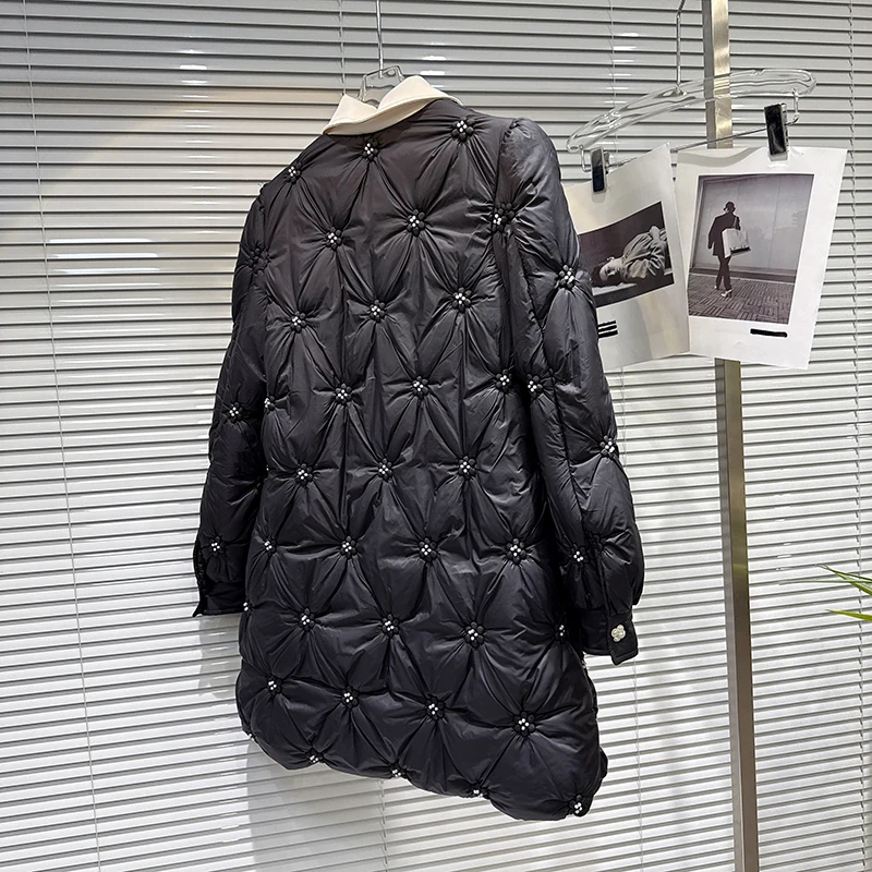 Winter Lace Flower Pearl Down Jacket Women White Duck Down Casual Mid Length Outwears Female Button Thick Warm Waterproof Jacket