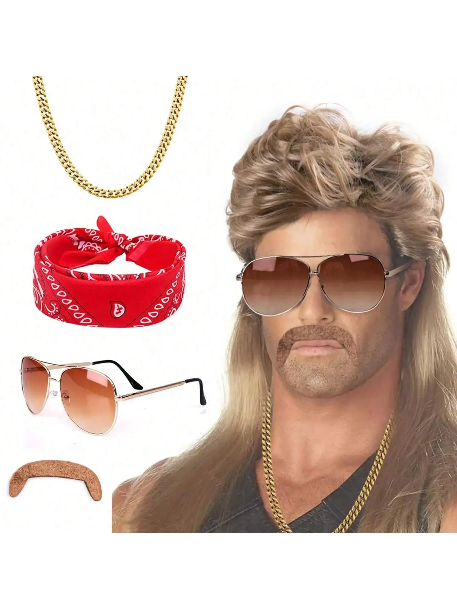 Mullet Wig 80s 90s Outfit Accessories Men,Blond Men\'s Heat Resistant Synthetic Hair Wigs Wig Sunglasses Necklace Headscarf