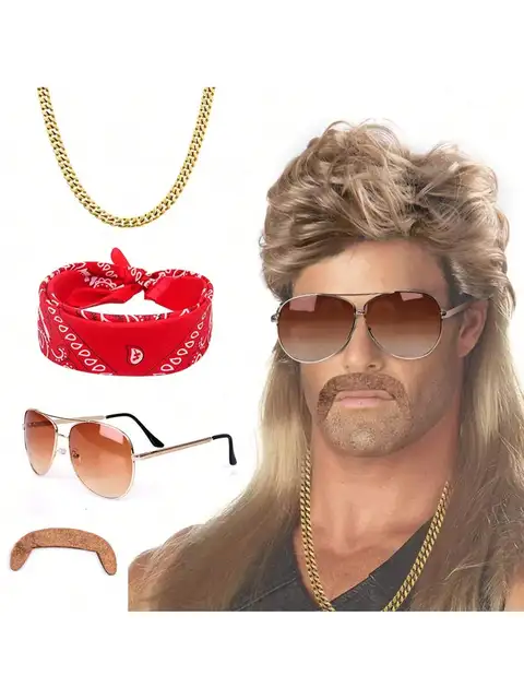 Peruka Mullet 80. 90. Akcesoria do stroju Mężczyźni, blond Męskie żaroodporne syntetyczne peruki do włosów Peruka Okulary przeciwsłoneczne Naszyjnik Chustka na głowę