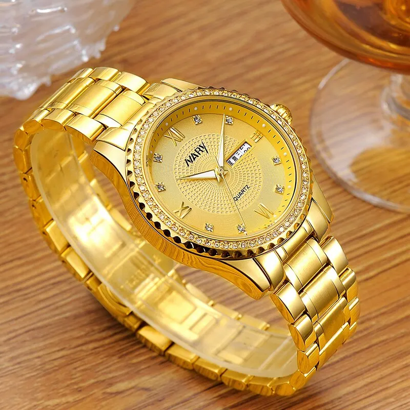 NARY Brand Luxury Original Watch for Men Gold Stainless Steel Strap Waterproof Diamond Classic Quartz Wristwatch with Date Dial