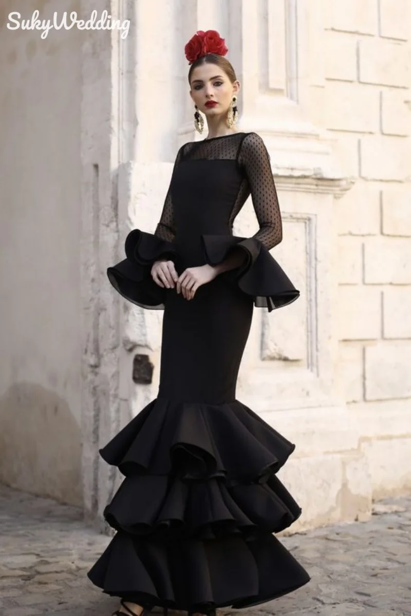 Black Retro Palace Mermaid Prom Dresses Long Sleeves Polka Dots Illusion Mesh Ruffles Flamenco Dress for Women Party Gowns