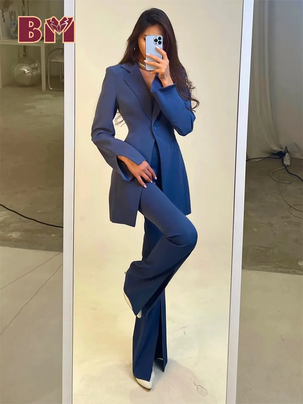 

BRLMALL-2PCS Classic Royal Blue Women's Set suit Elegant Notched Women's Office Suit Fashionable Wide Leg Pants Women's Suit