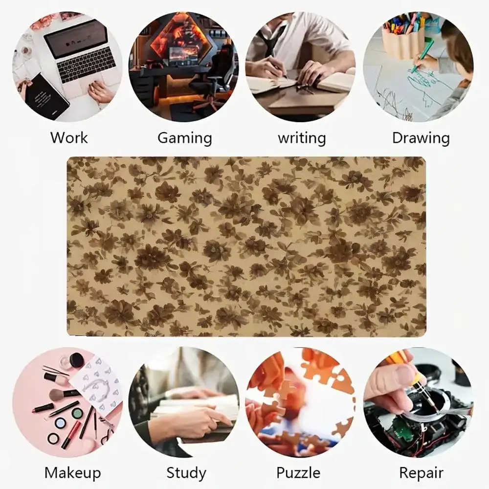 Большой коврик для мыши в стиле ретро с коричневым цветочным принтом, настольный коврик в стиле ретро с цветочным узором, подходит для офиса и домашнего декора.