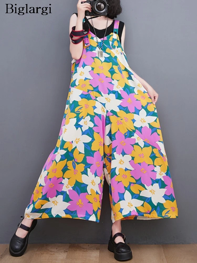 

Oversized Summer Overalls Pant Women Flower Floral Print Fashion Casual Ladies Overalls Trousers Wide Leg Loose Woman Pants