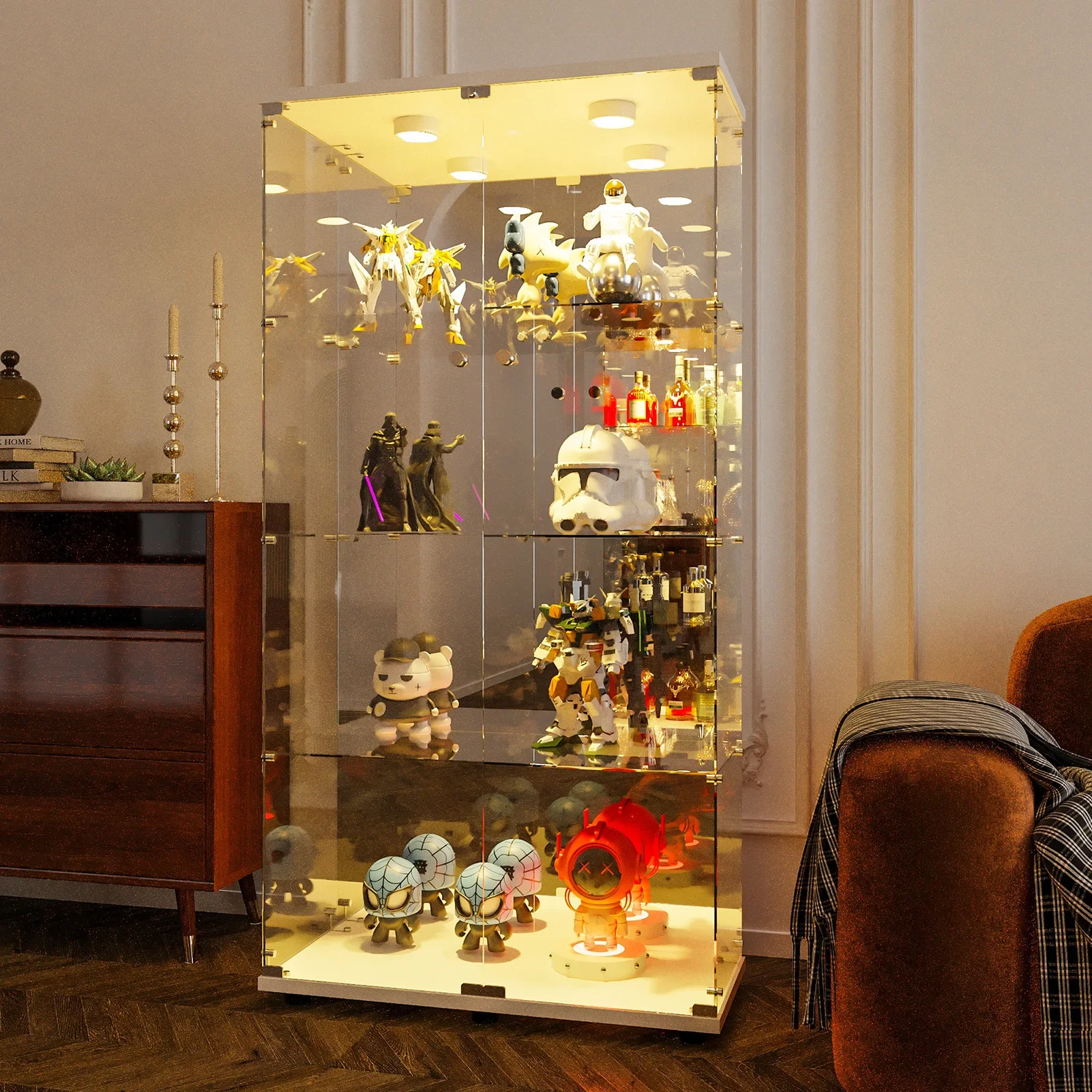 Vitrine en verre avec éclairage LED, vitrine sur pied à 4 niveaux, vitrine pour salon, chambre à coucher, entrée, blanc/noir