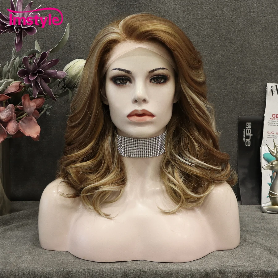 Imstyle Synthetic Lace Front Wig Brown Wig Highlight Blonde Wig Natural Wavy Wig Heat Resistant Fiber Cosplay Wig 16 inch