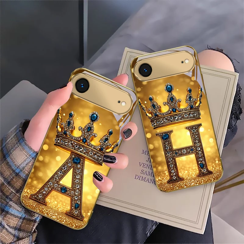 

Crown letters "N V A H" For IPhone 17 Pro 16 17ProMax 15 Pro 14 13 Plus 12 Mini 11 Pro Max XR 16E 17Air Golden glass phone case