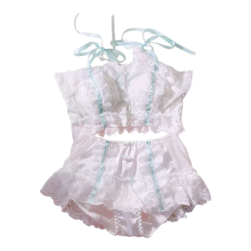 Retro Lace Flower Decoration Bra Brief Set Women Lolita Girl Sexy Lace-up Cute Panties Set Kawaii Lingerie Underwear Set fsle retro denim blue women mini skirts high waist pocket decoration short denim pleated skirt 74 1% cotton spice girl skirt