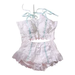 Set di slip reggiseno con decorazione floreale in pizzo retrò donna Lolita Girl Set di mutandine carine con lacci Sexy Set di biancheria intima di Lingerie Kawaii