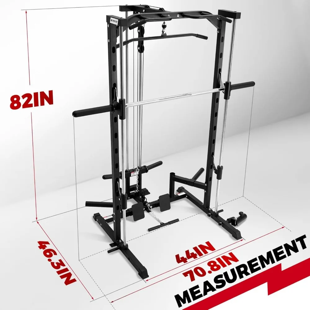 Machine Power Rack with LAT-Pull Down System, Landmine, Barbell Bar, Plate Storage Pegs and More Training Attachment